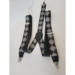Men's Unbranded Black Gray Argyle Clip-On Adjustable Suspenders Elastic